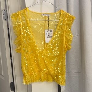 Zara Golden Sequin Blouse bright yellow sz S